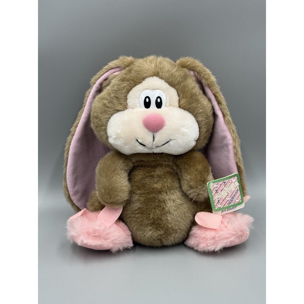 Vintage 1985 Applause Brown Lop Ear Bunny Rabbit Plush In Pink Slippers